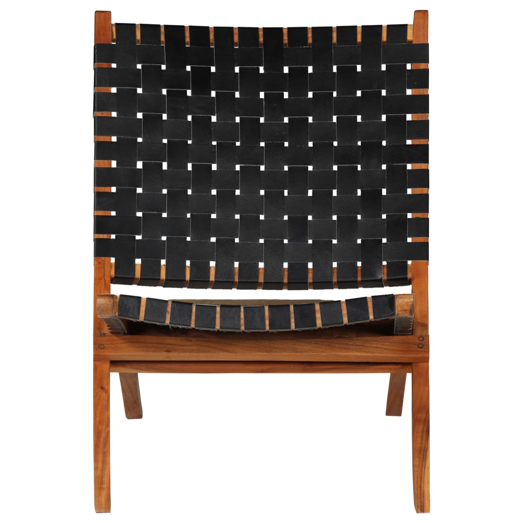 Folding wicker chair, black, genuine leather