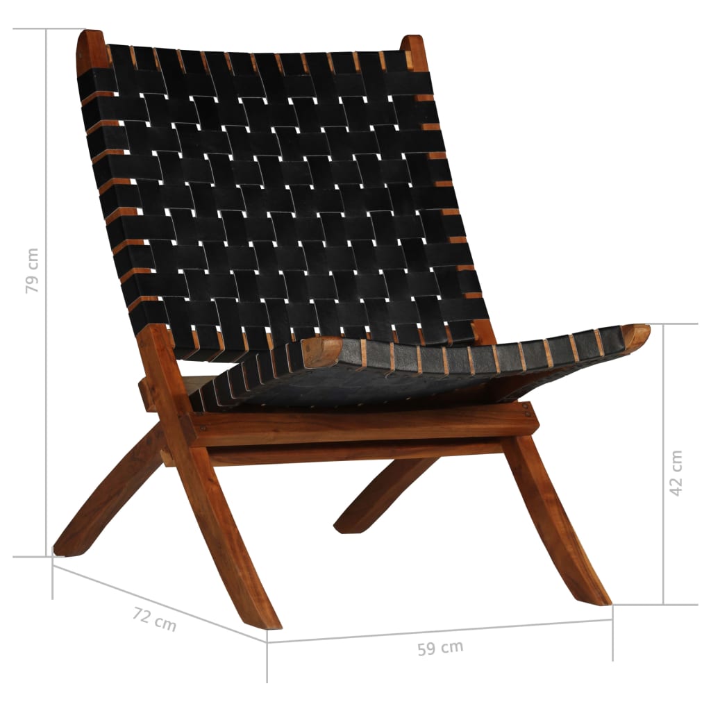 Folding wicker chair, black, genuine leather