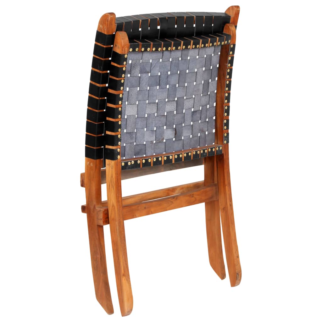 Folding wicker chair, black, genuine leather