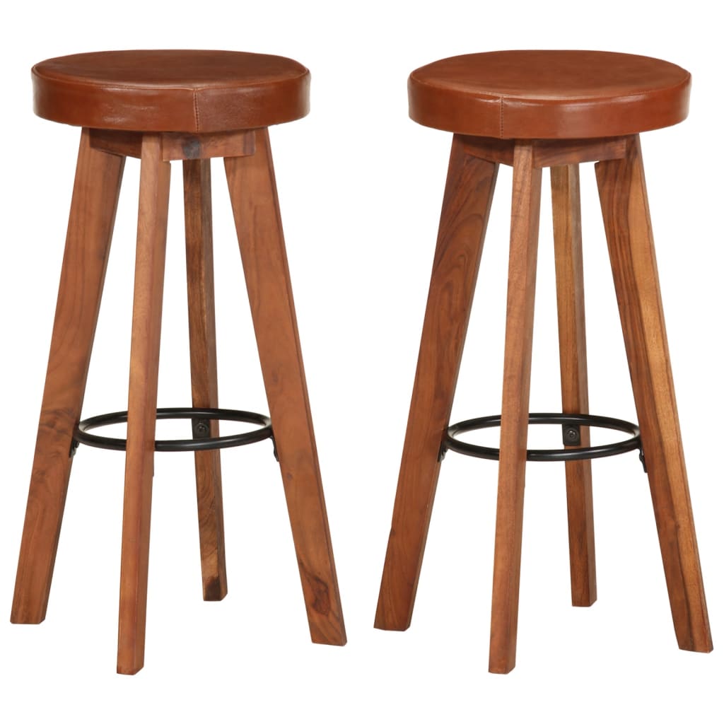 Bar stools, 2 pcs., natural leather &amp; solid acacia wood