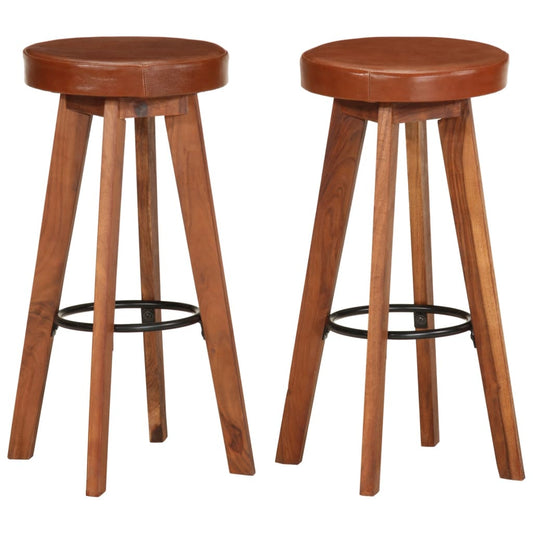 Bar stools, 2 pcs., natural leather &amp; solid acacia wood