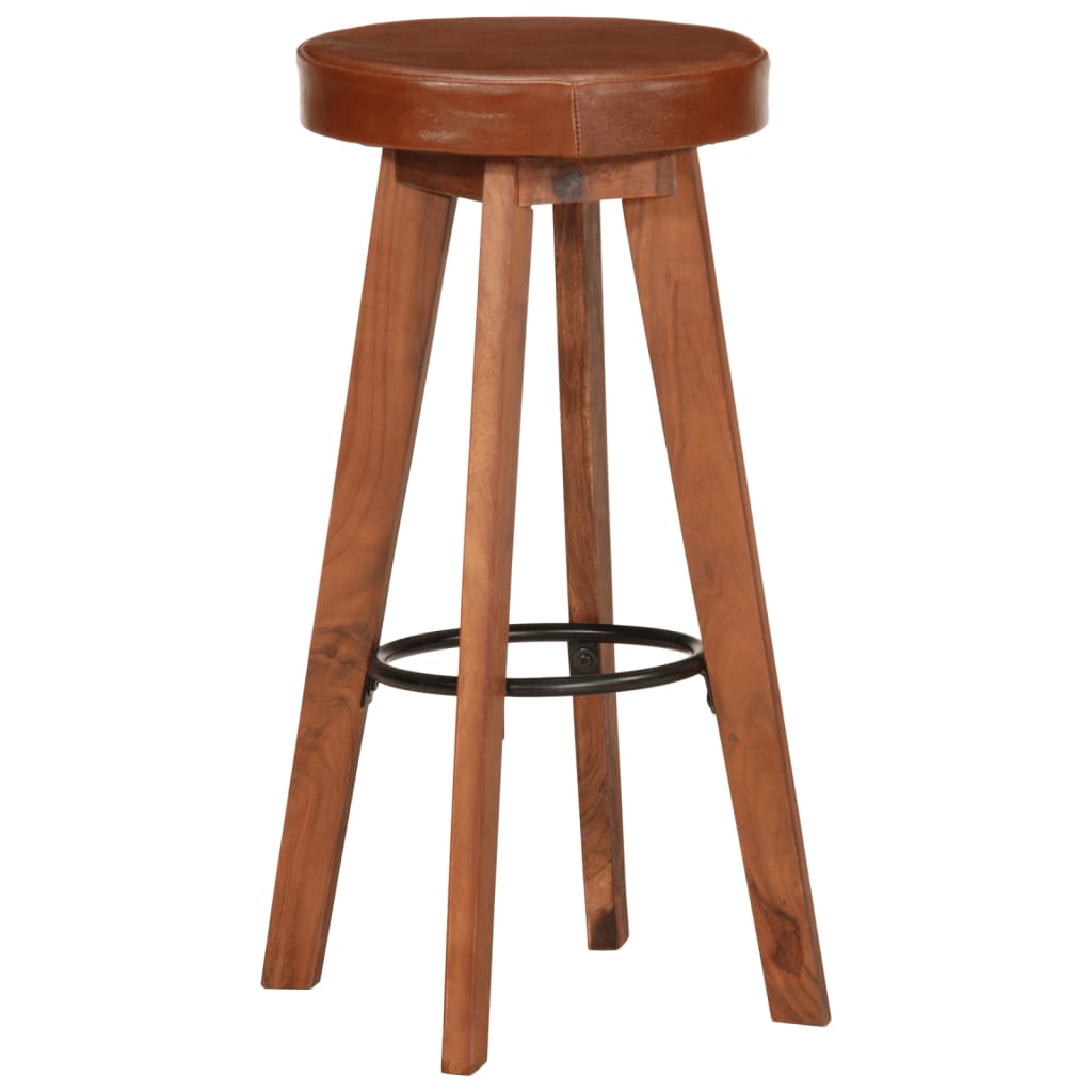 Bar stools, 2 pcs., natural leather &amp; solid acacia wood