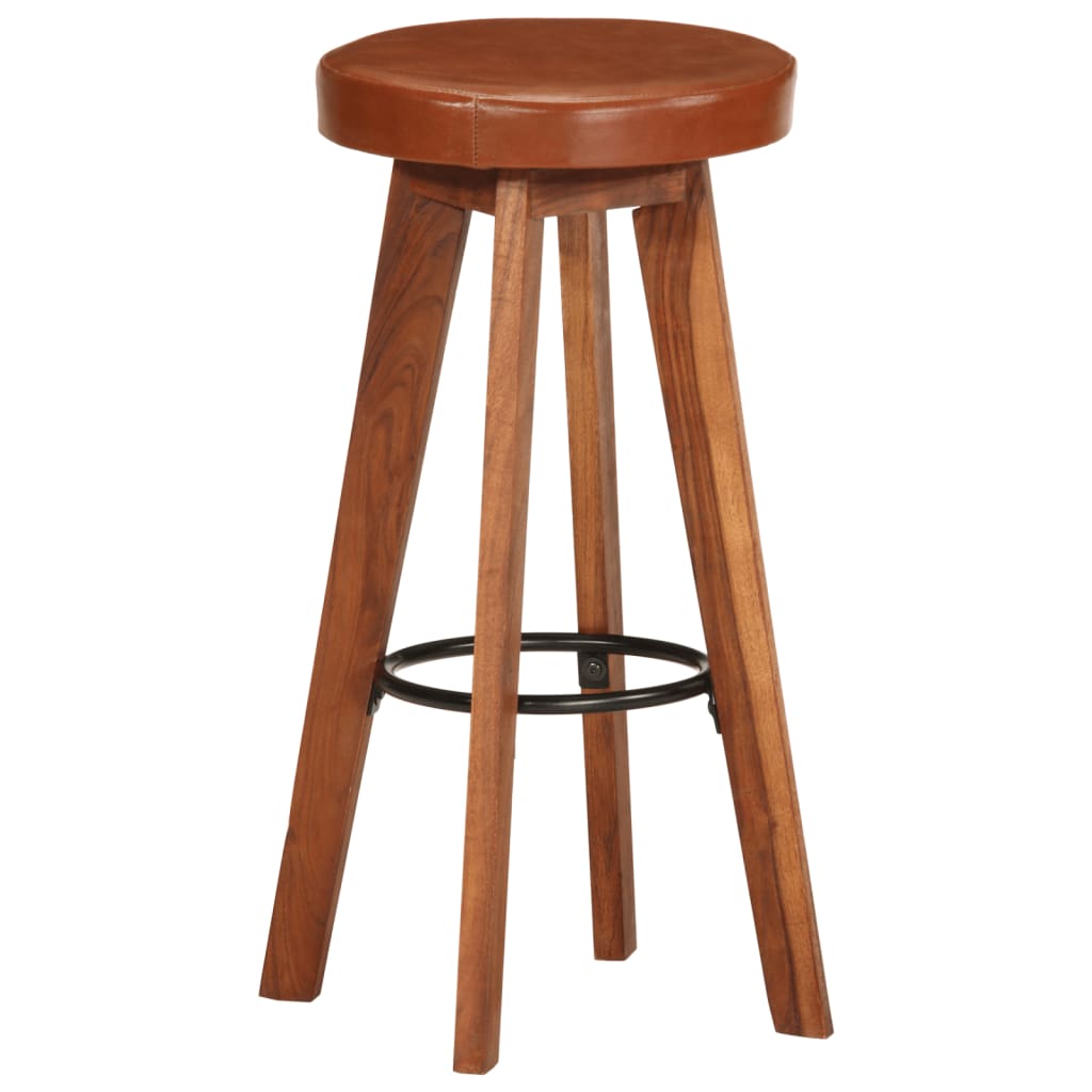 Bar stools, 2 pcs., natural leather &amp; solid acacia wood