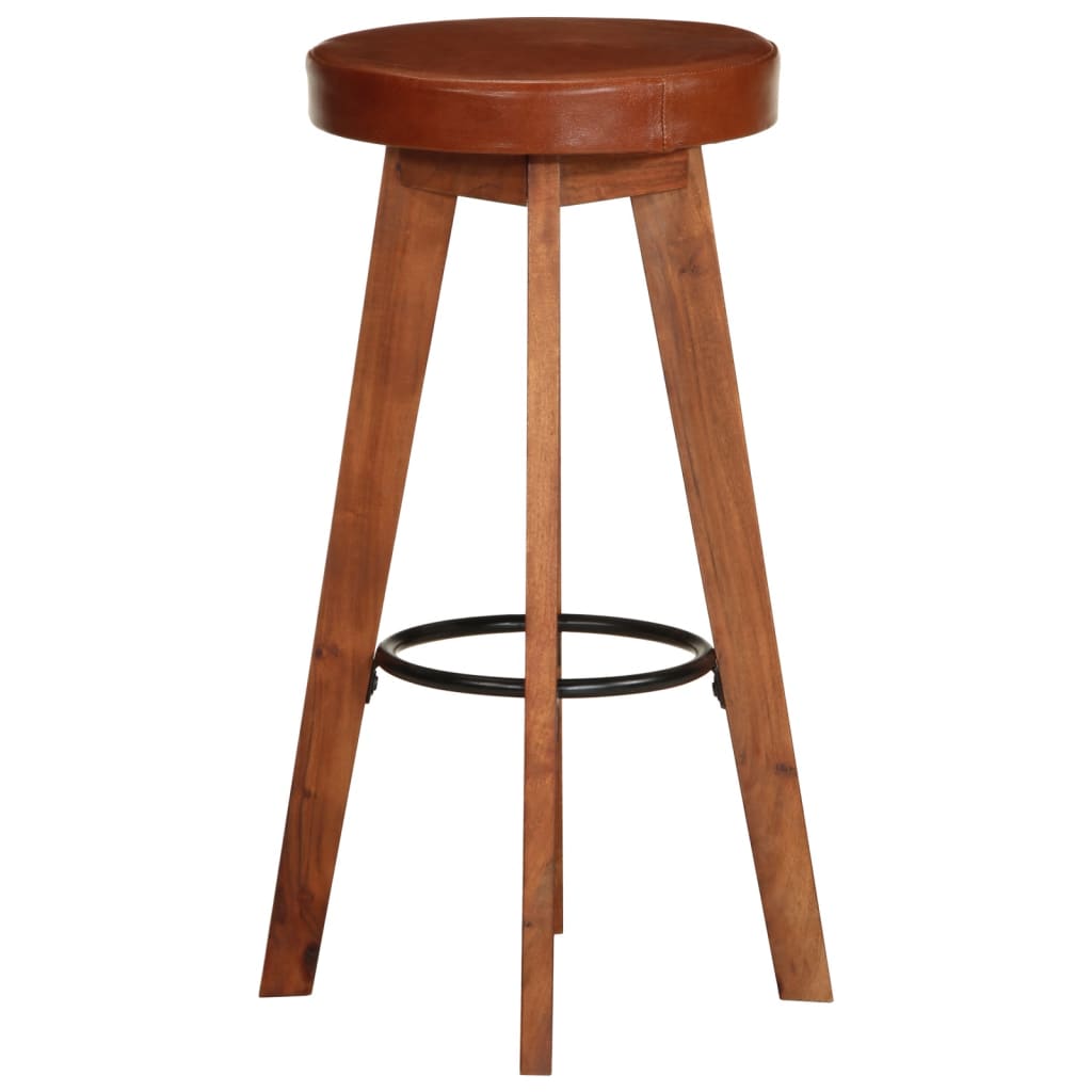 Bar stools, 2 pcs., natural leather &amp; solid acacia wood