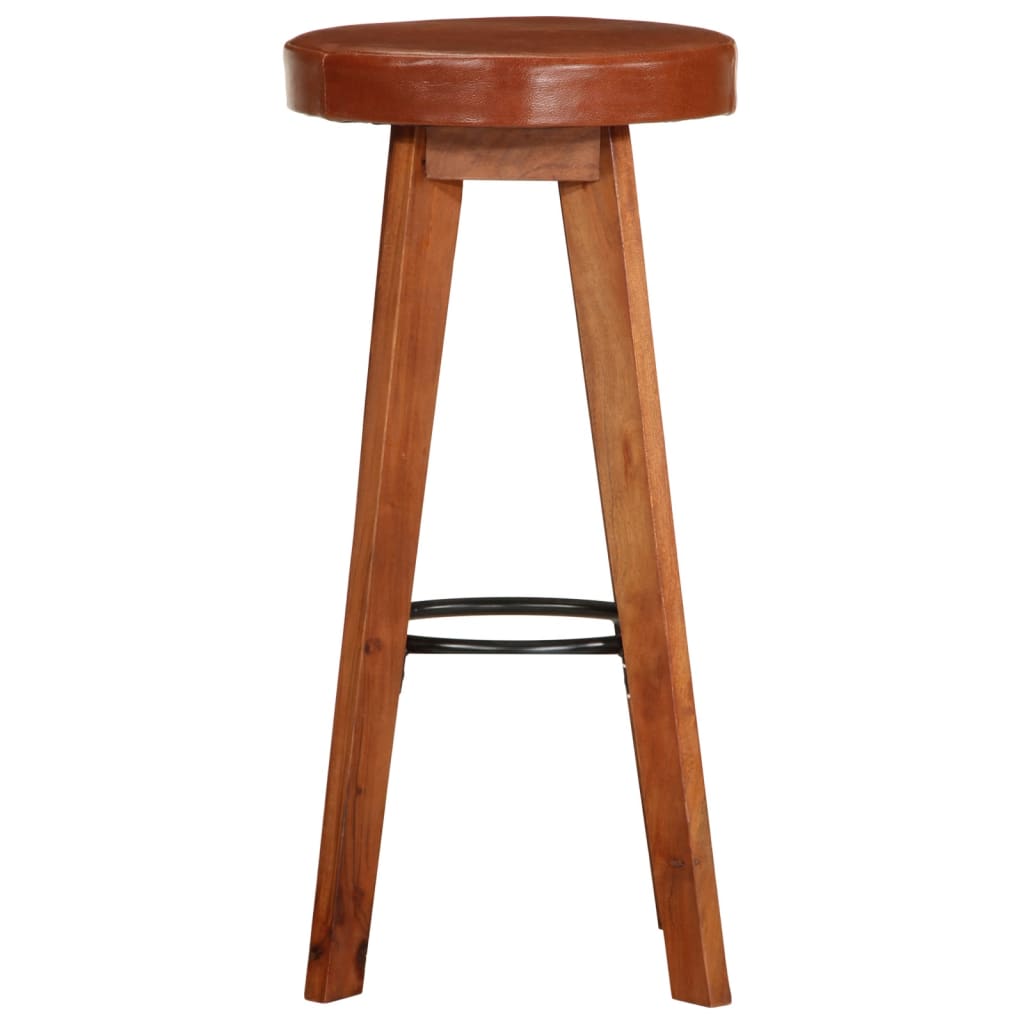 Bar stools, 2 pcs., natural leather &amp; solid acacia wood