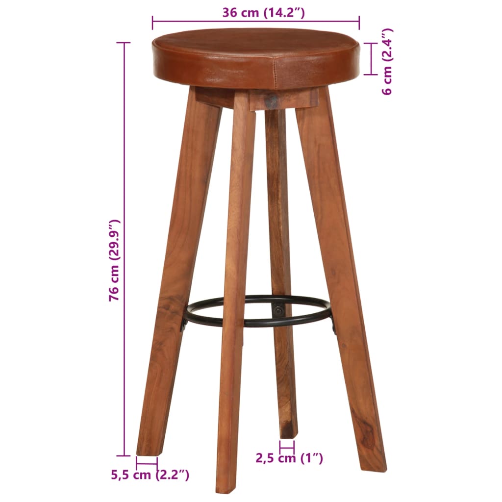 Bar stools, 2 pcs., natural leather &amp; solid acacia wood