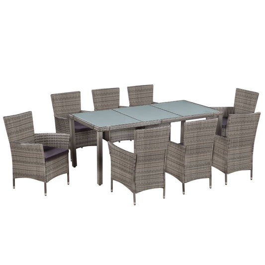 Outdoor furniture set with cushions, 9 pieces, grey, poly rattan