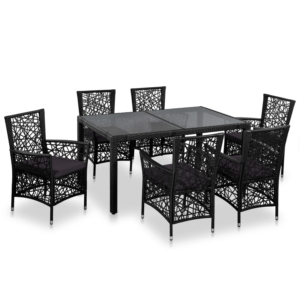 Outdoor furniture set, 7 pieces, black, polyrattan