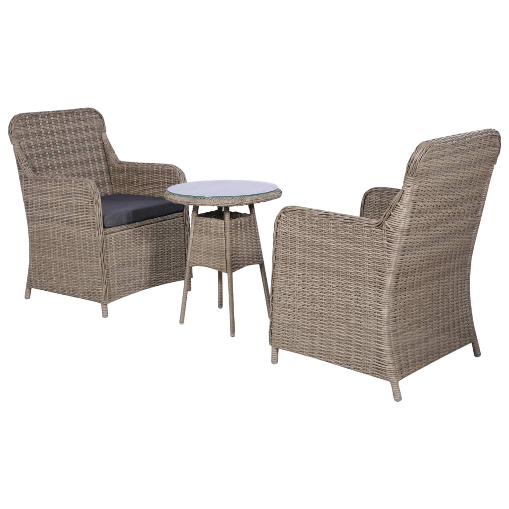 Bistro set with cushions, 3 pieces, brown, polyrattan