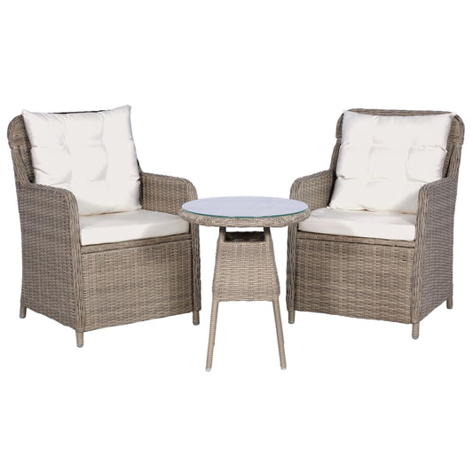 Bistro set with seat &amp; back cushions, 3 pieces, brown, polyrattan