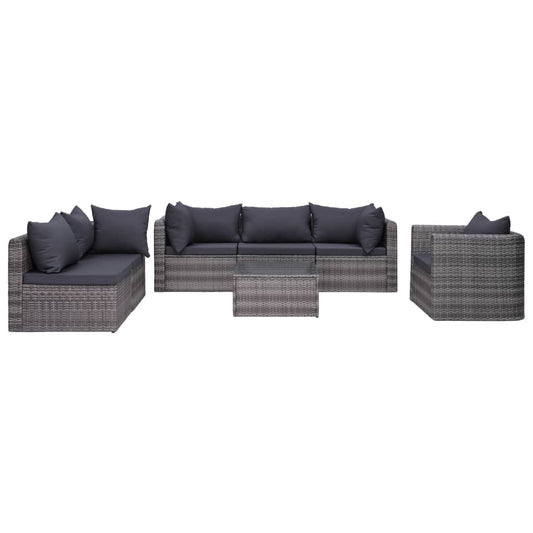 Garden sofa set with cushions, 7 pieces, grey, poly rattan