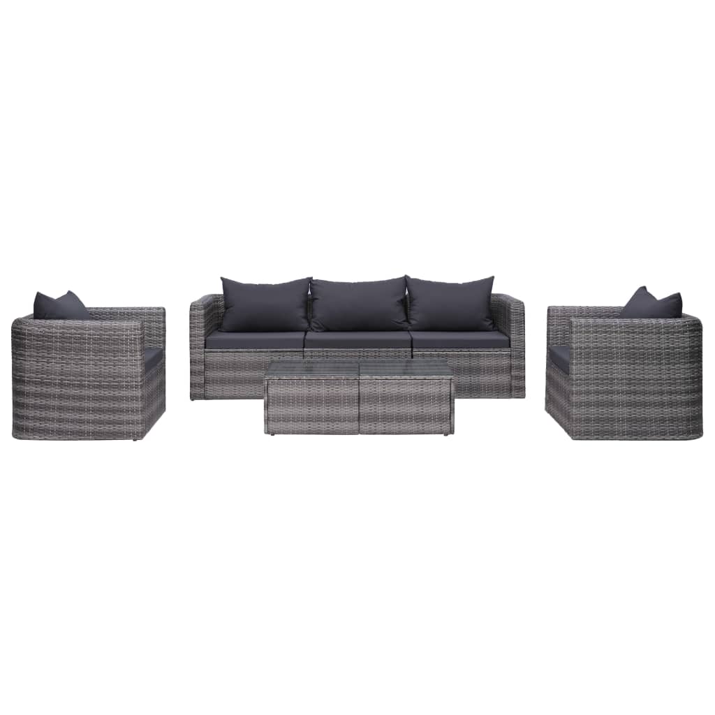 Garden sofa set with cushions, 6 pieces, grey, poly rattan