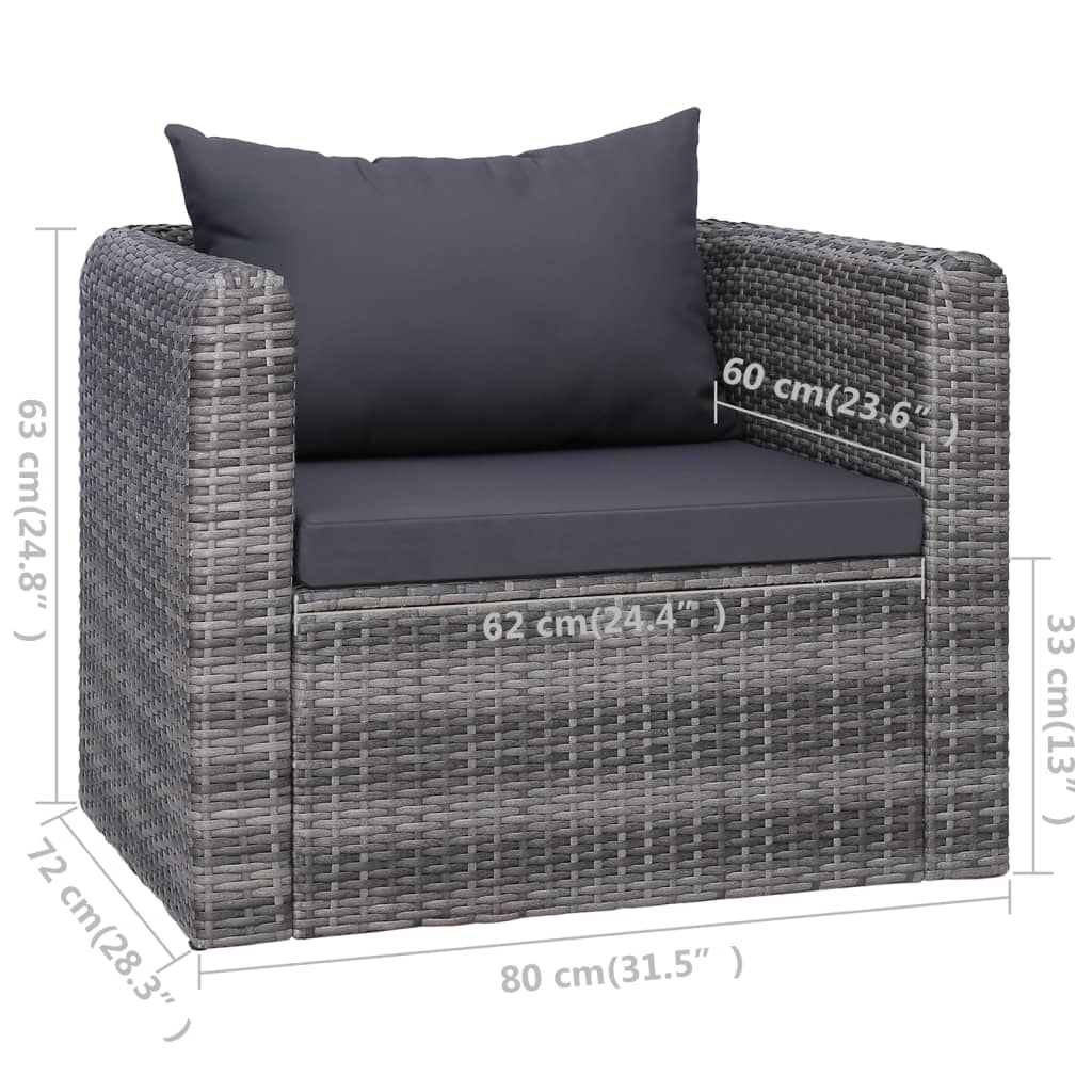 Garden sofa set with cushions, 6 pieces, grey, poly rattan