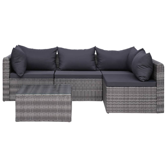 Garden sofa set with cushions, 5 pieces, grey, poly rattan