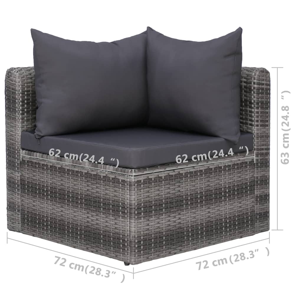 Garden sofa set with cushions, 5 pieces, grey, poly rattan