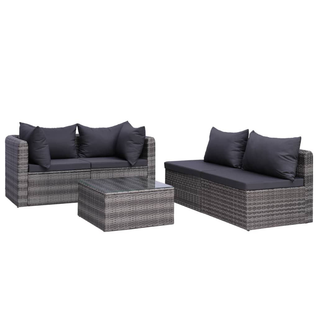 Garden sofa set with cushions, 5 pieces, grey, poly rattan