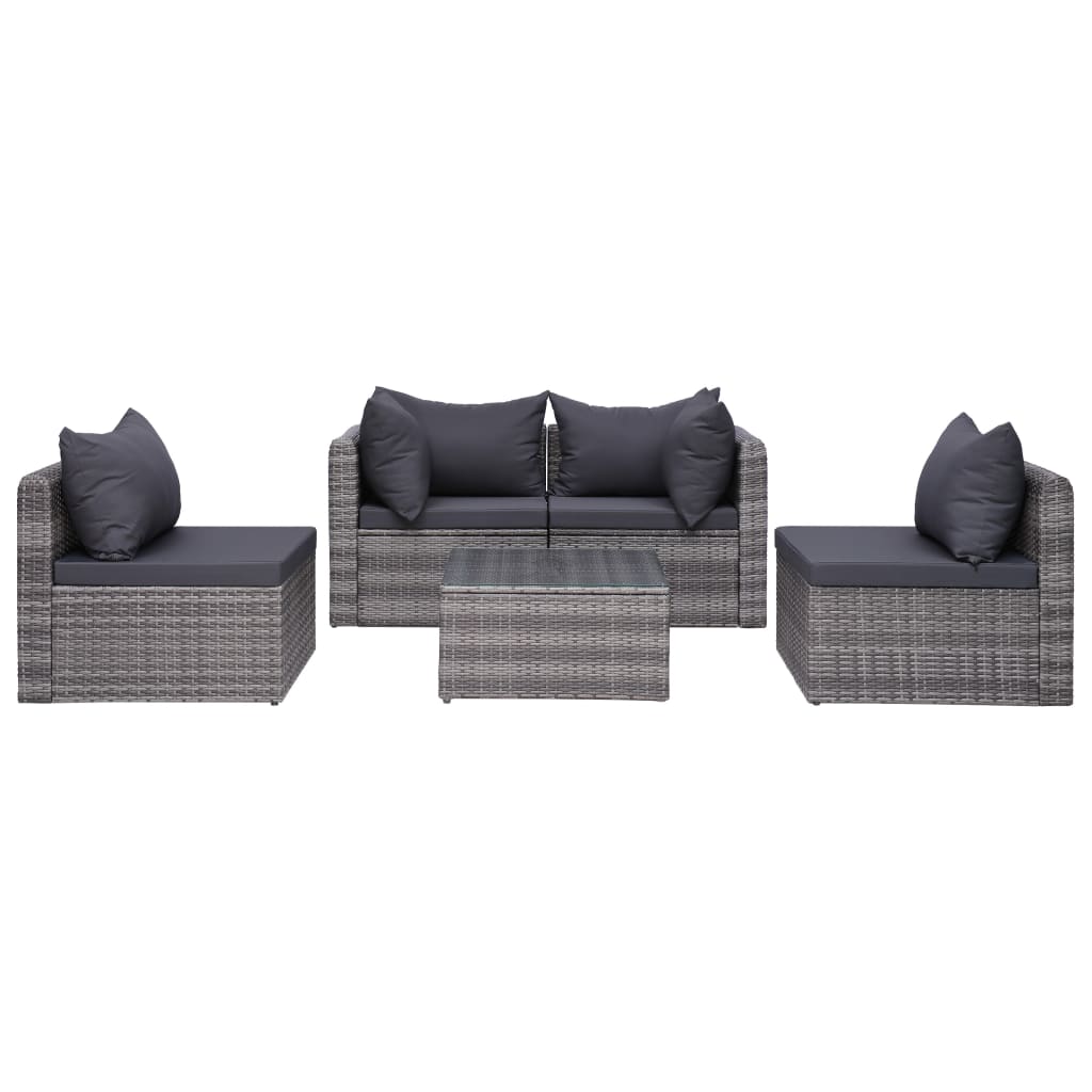 Garden sofa set with cushions, 5 pieces, grey, poly rattan