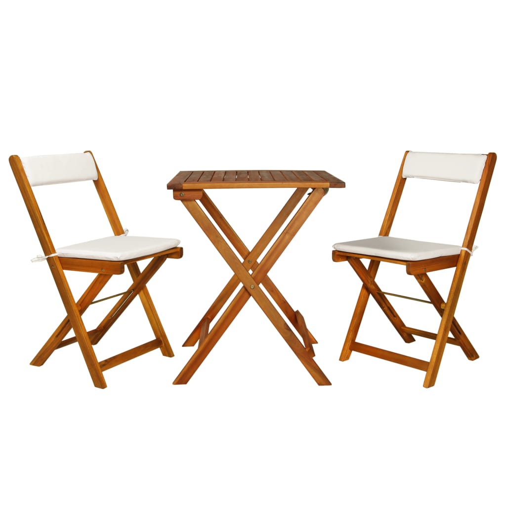 Folding bistro set with cushions, 3 pieces, solid acacia wood