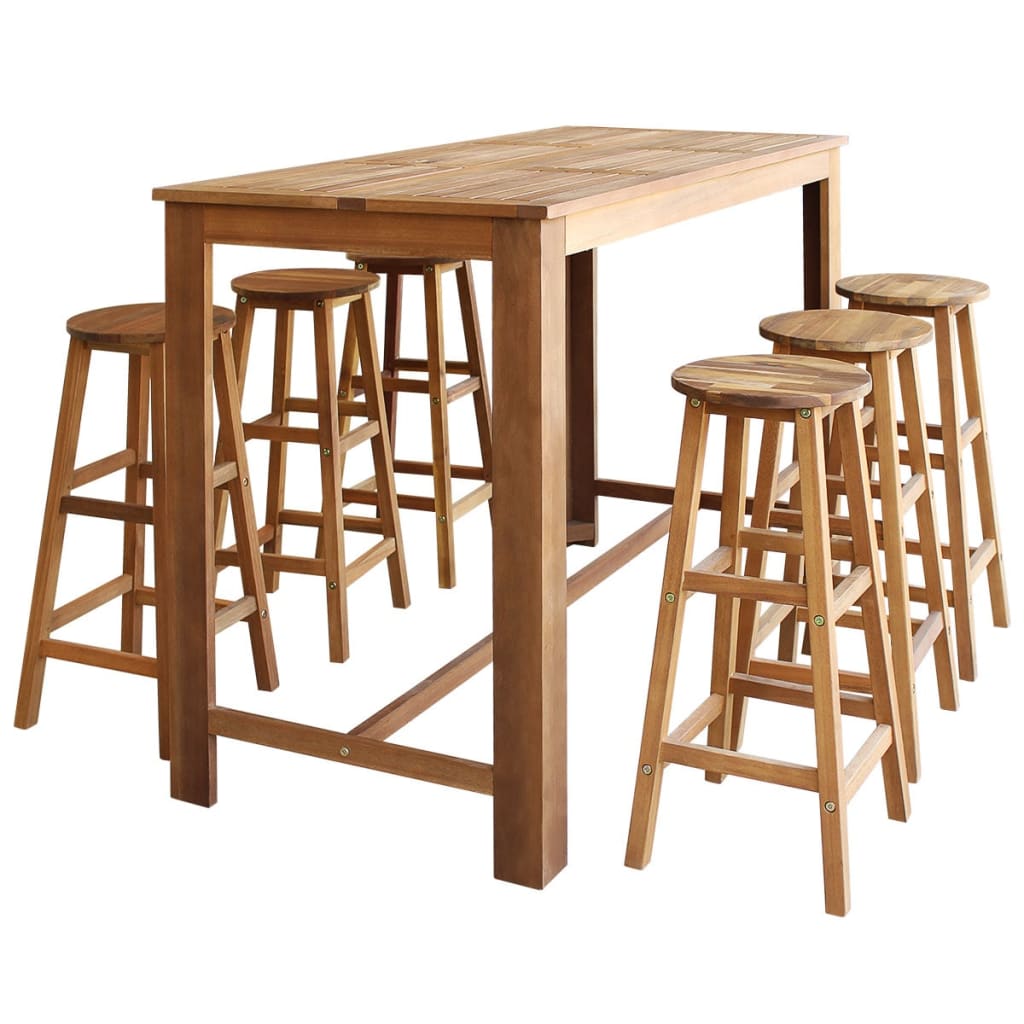 Bar table and stool set, 7 pieces, solid acacia wood