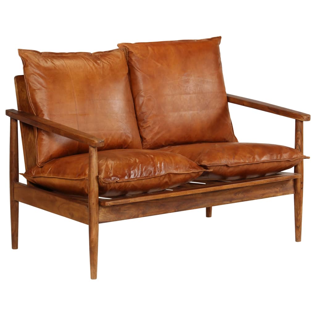 2-seater sofa, natural leather with acacia wood, brown