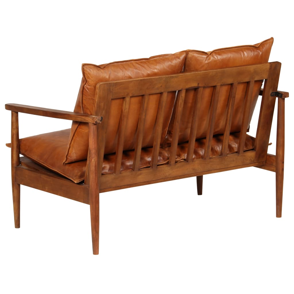 2-seater sofa, natural leather with acacia wood, brown