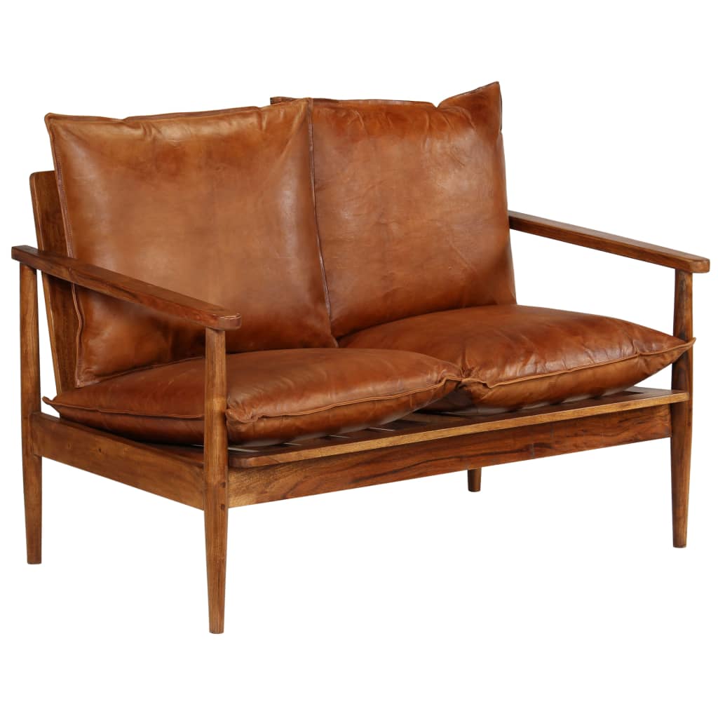 2-seater sofa, natural leather with acacia wood, brown