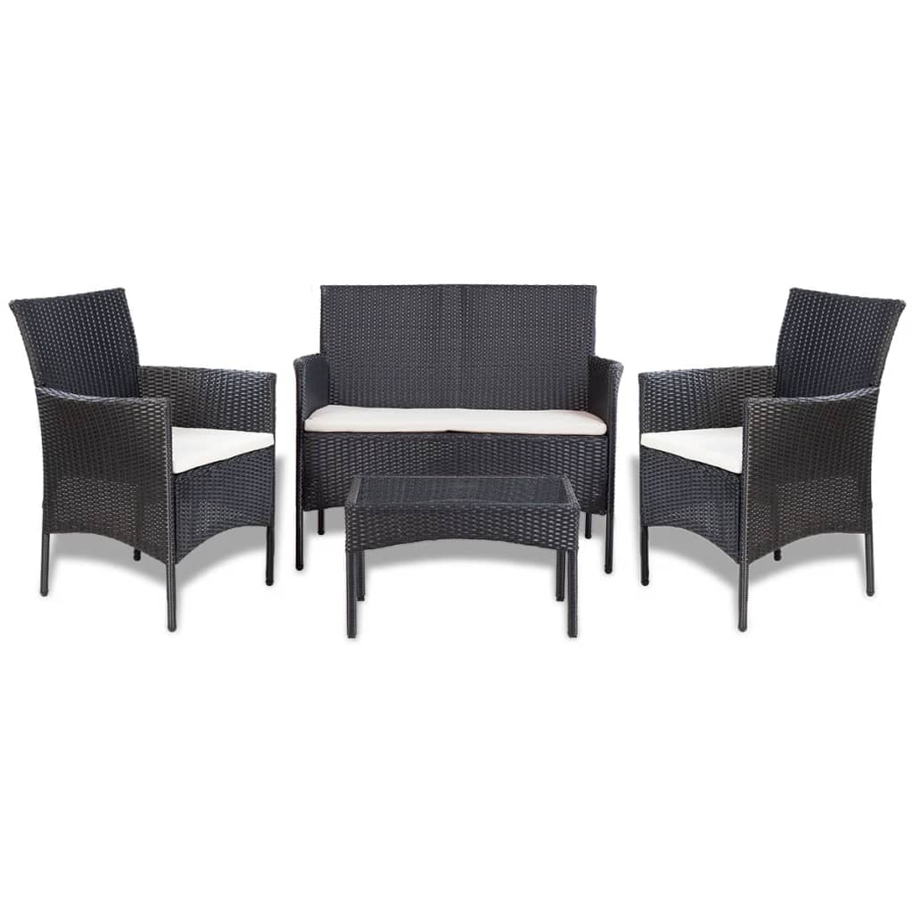 Set mobilier de grădină cu perne, 4 piese, negru, poliratan