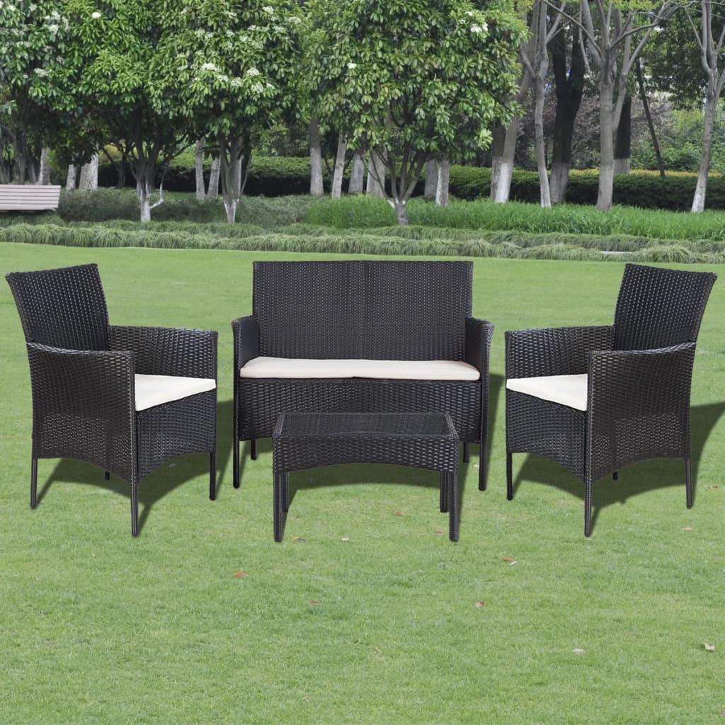 Set mobilier de grădină cu perne, 4 piese, negru, poliratan