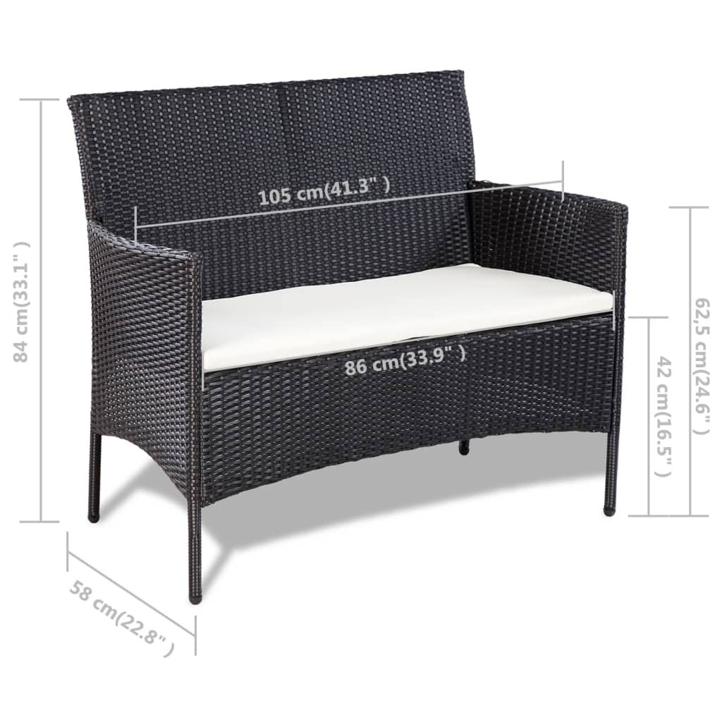 Set mobilier de grădină cu perne, 4 piese, negru, poliratan