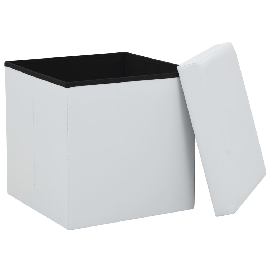 Folding storage stool, white, eco-leather