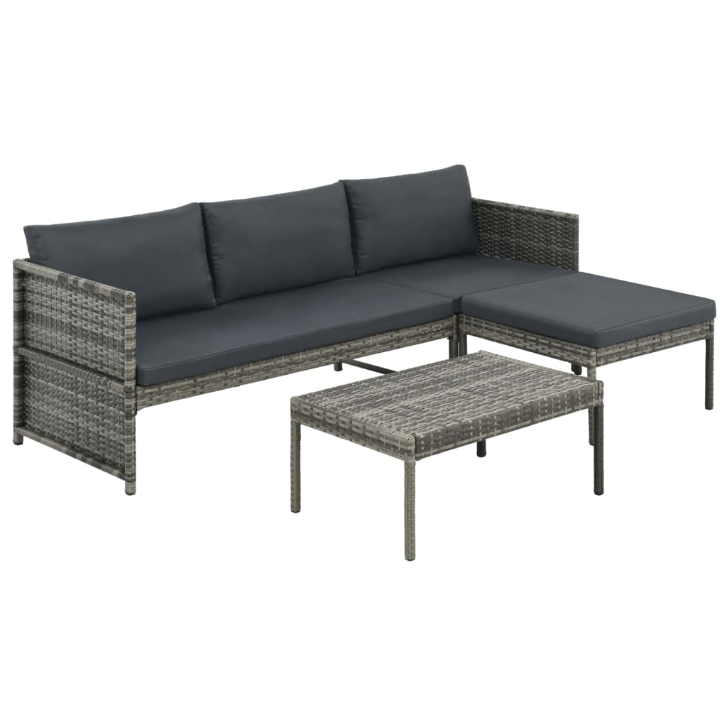 3-piece garden furniture set with cushions, grey, polyrattan