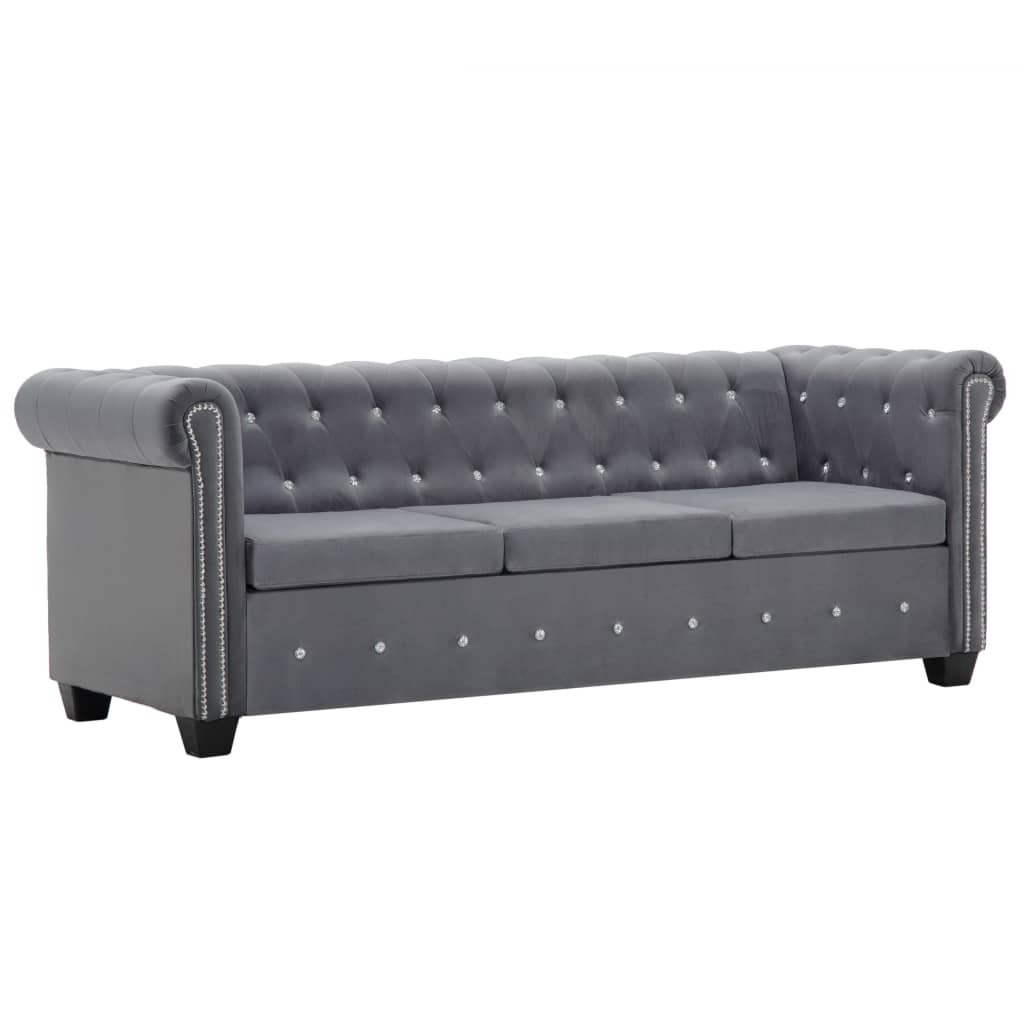 Chesterfield 3-seater sofa, velvet, 199x75x72 cm, grey