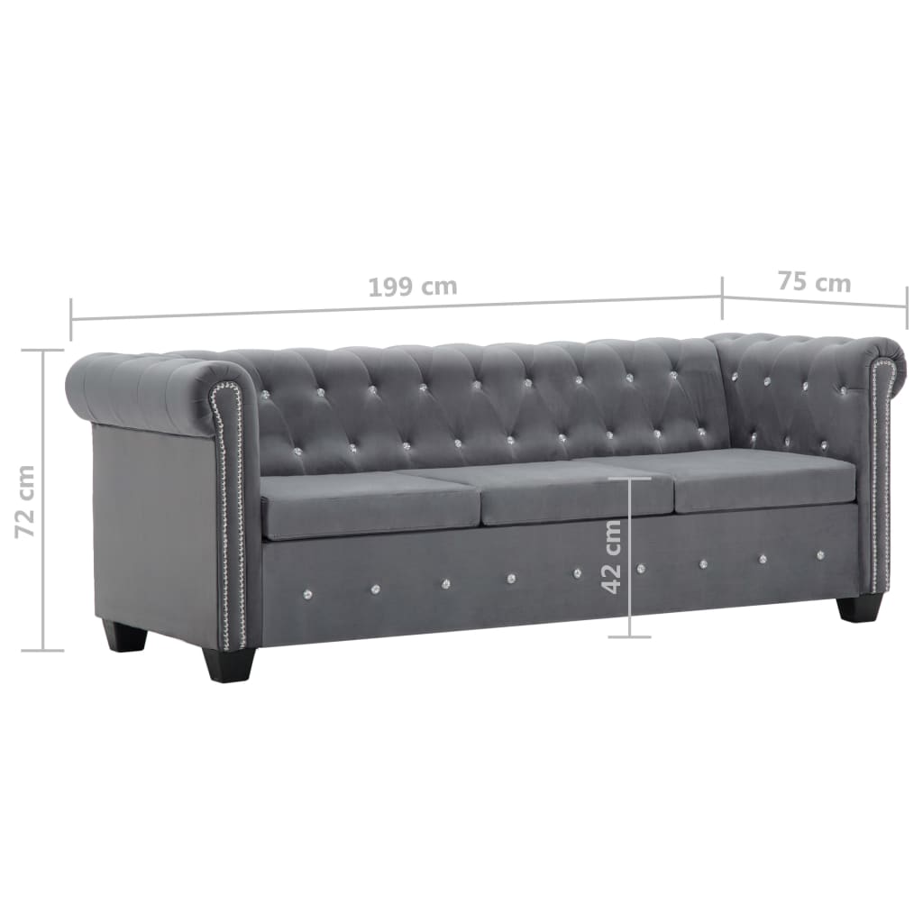 Chesterfield 3-seater sofa, velvet, 199x75x72 cm, grey