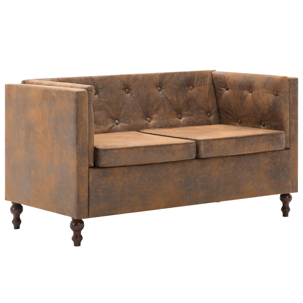 Chesterfield 2-seater sofa, velour-look upholstery, brown