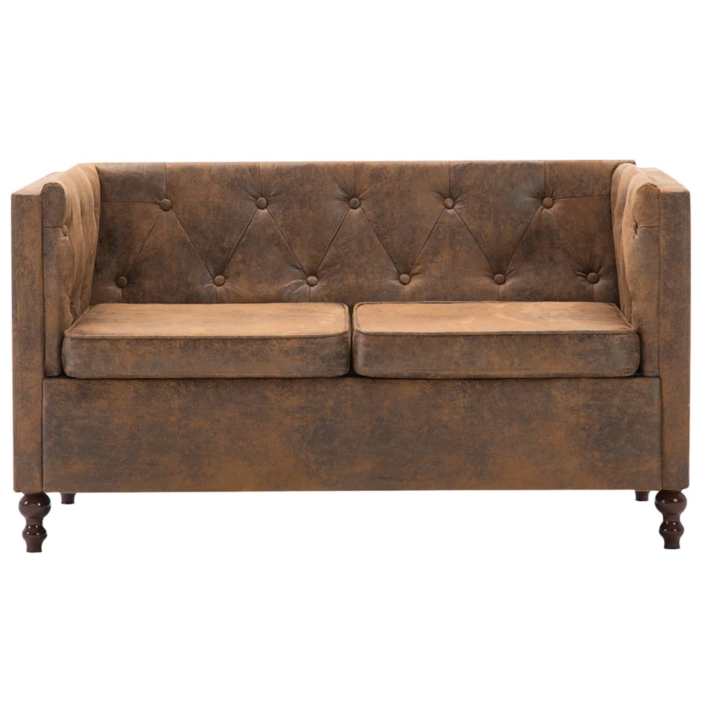 Chesterfield 2-seater sofa, velour-look upholstery, brown