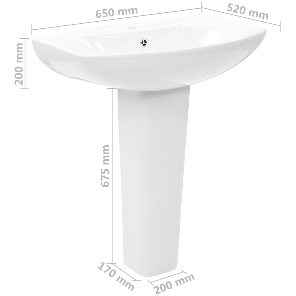 Pedestal washbasin, white, 650 x 520 x 200 mm, ceramic