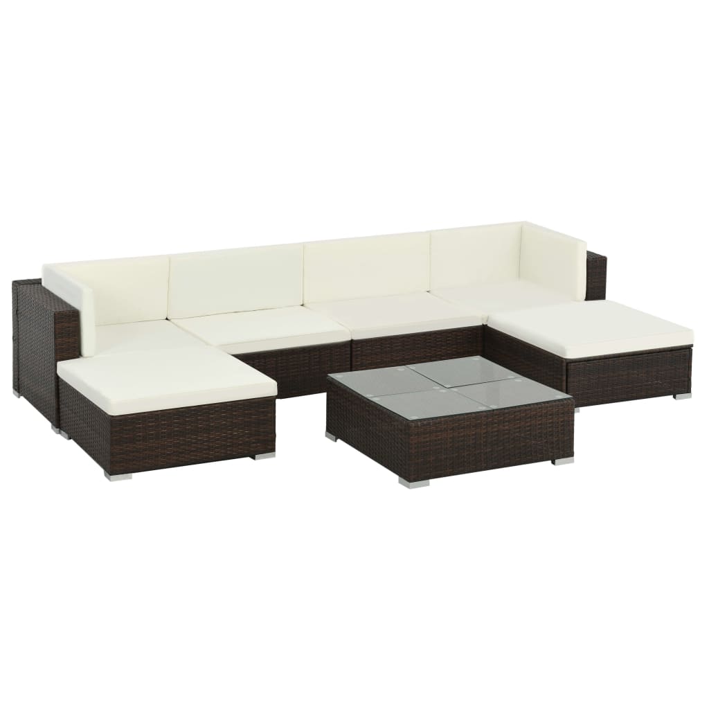 Garden furniture set with cushions, 7 pieces, brown, polyrattan