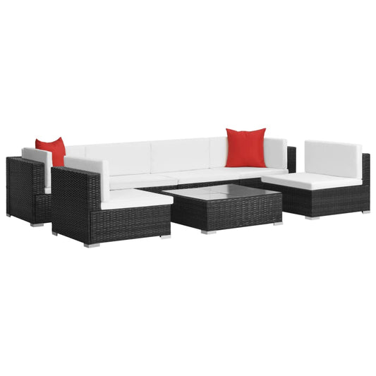 Garden furniture set with cushions, 7 pieces, black, polyrattan