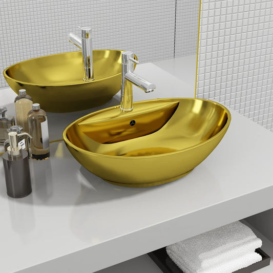 Sink with overflow, gold, 58.5 x 39 x 21 cm, ceramic