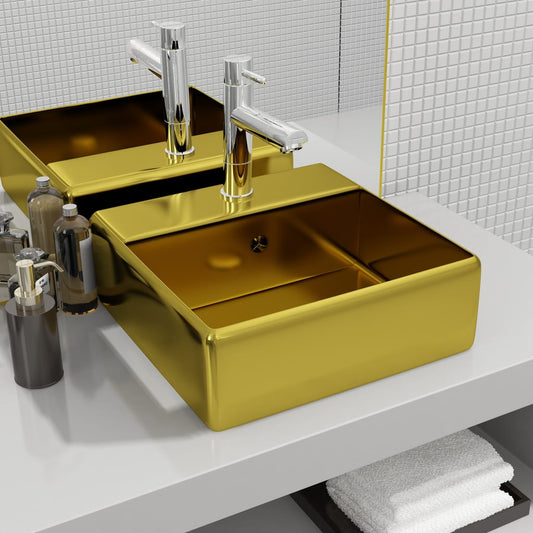 Sink with overflow, gold, 41 x 41 x 15 cm, ceramic