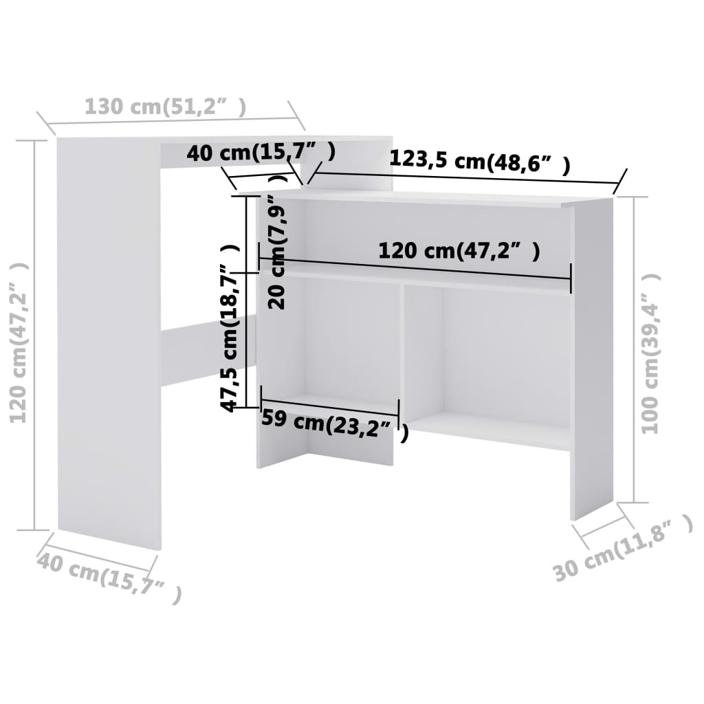 Bar table with 2 tops, white, 130x40x120 cm