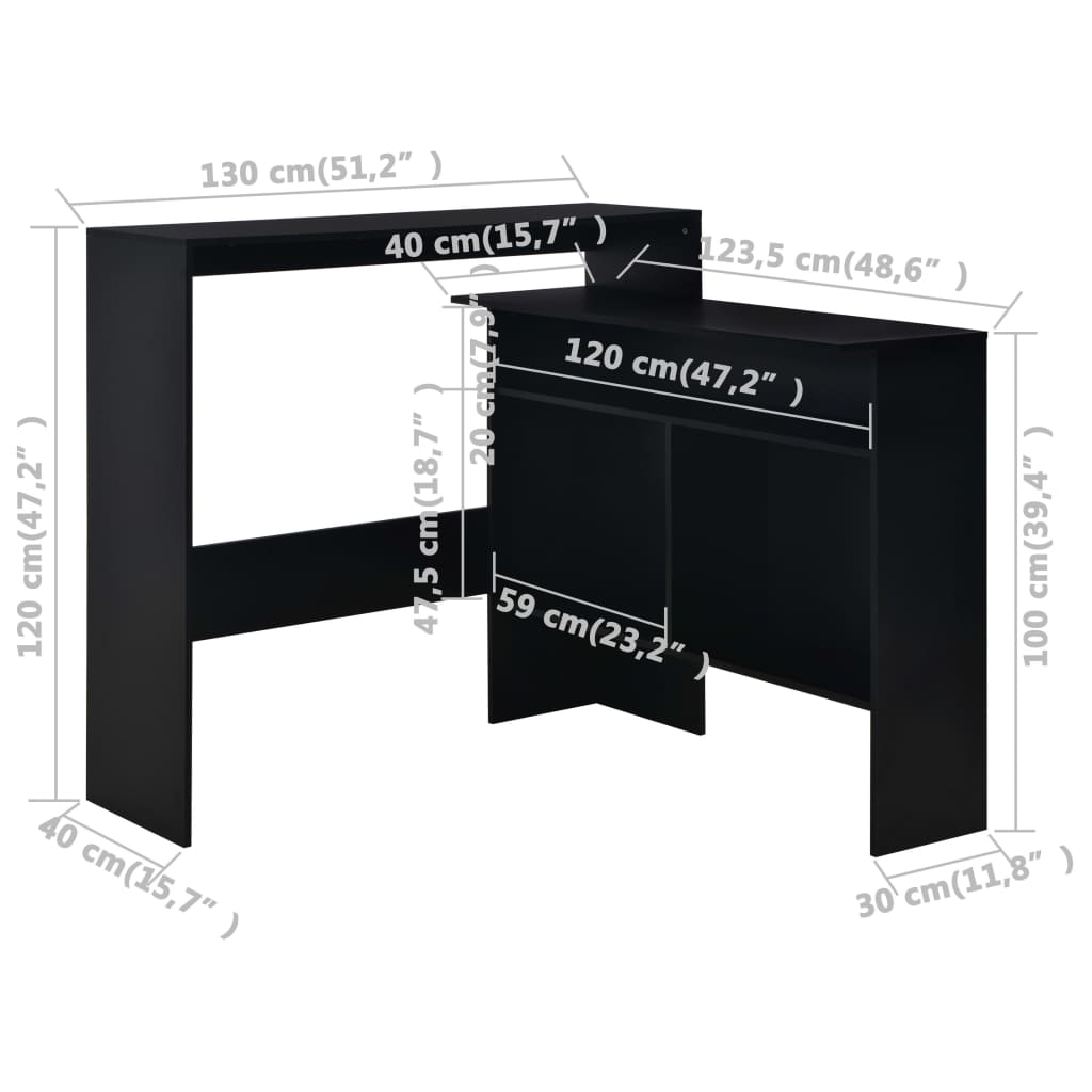 Bar table with 2 tops, black, 130x40x120 cm