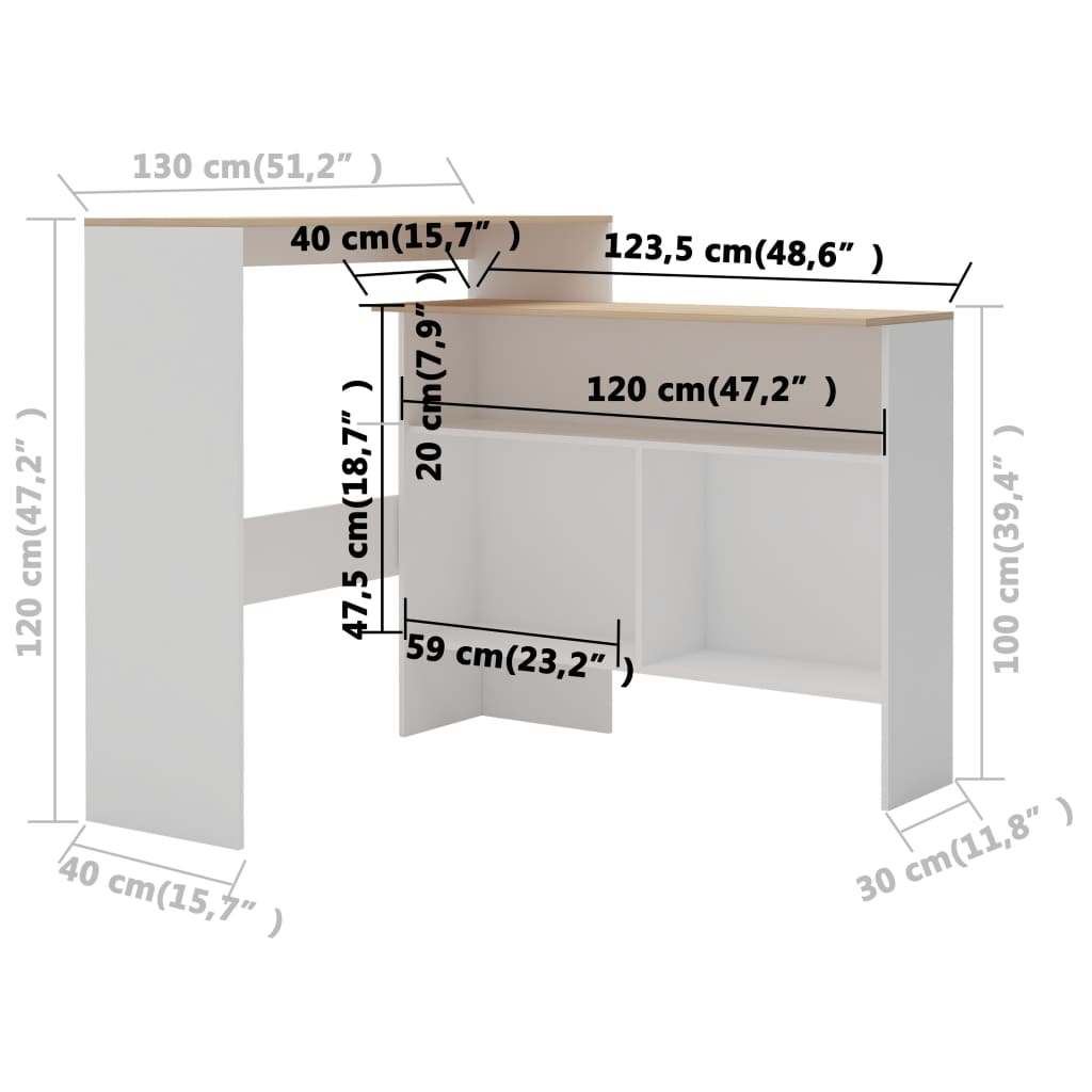 Bar table with 2 tops, white and oak, 130x40x120 cm