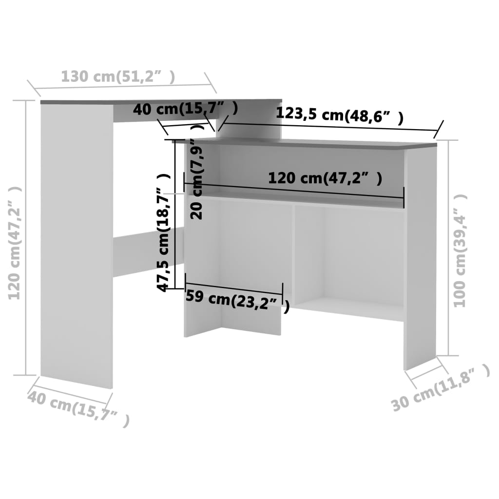 Bar table with 2 tops, white and gray, 130x40x120 cm