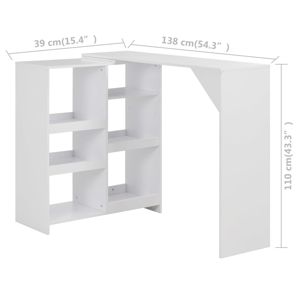 Bar table with movable shelf, white, 138x39x110 cm