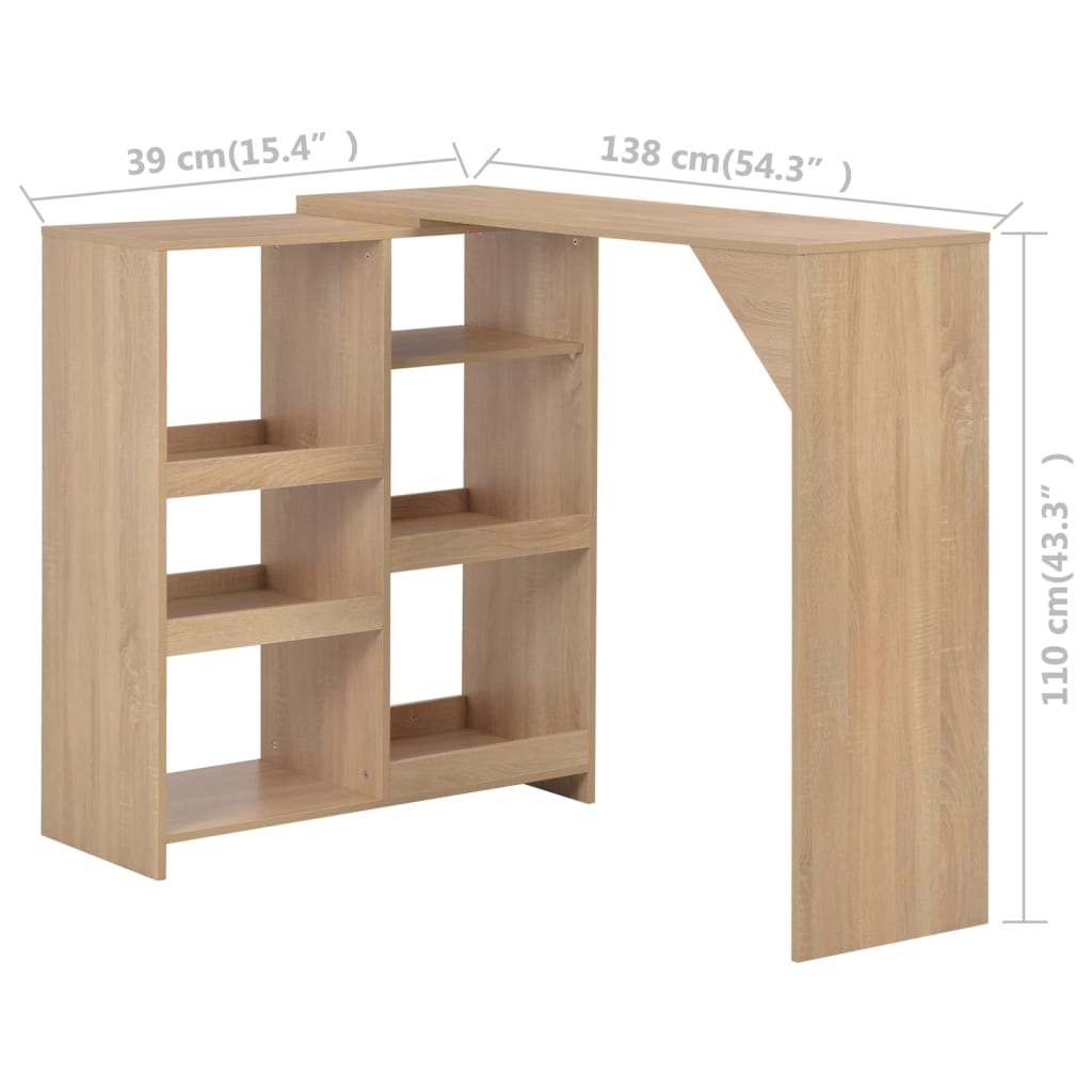 Bar table with mobile shelf, oak, 138x39x110 cm