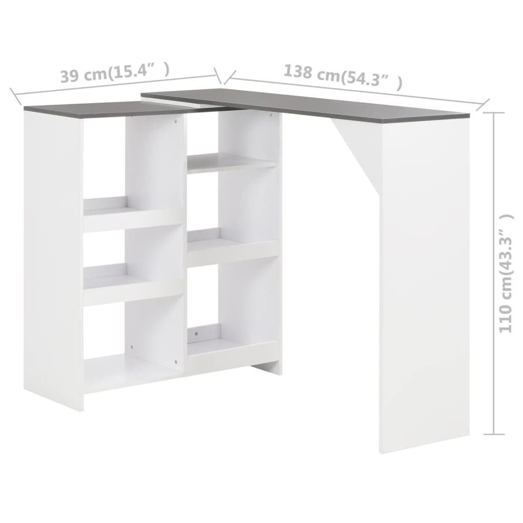 Bar table with movable shelf, white, 138x39x110 cm