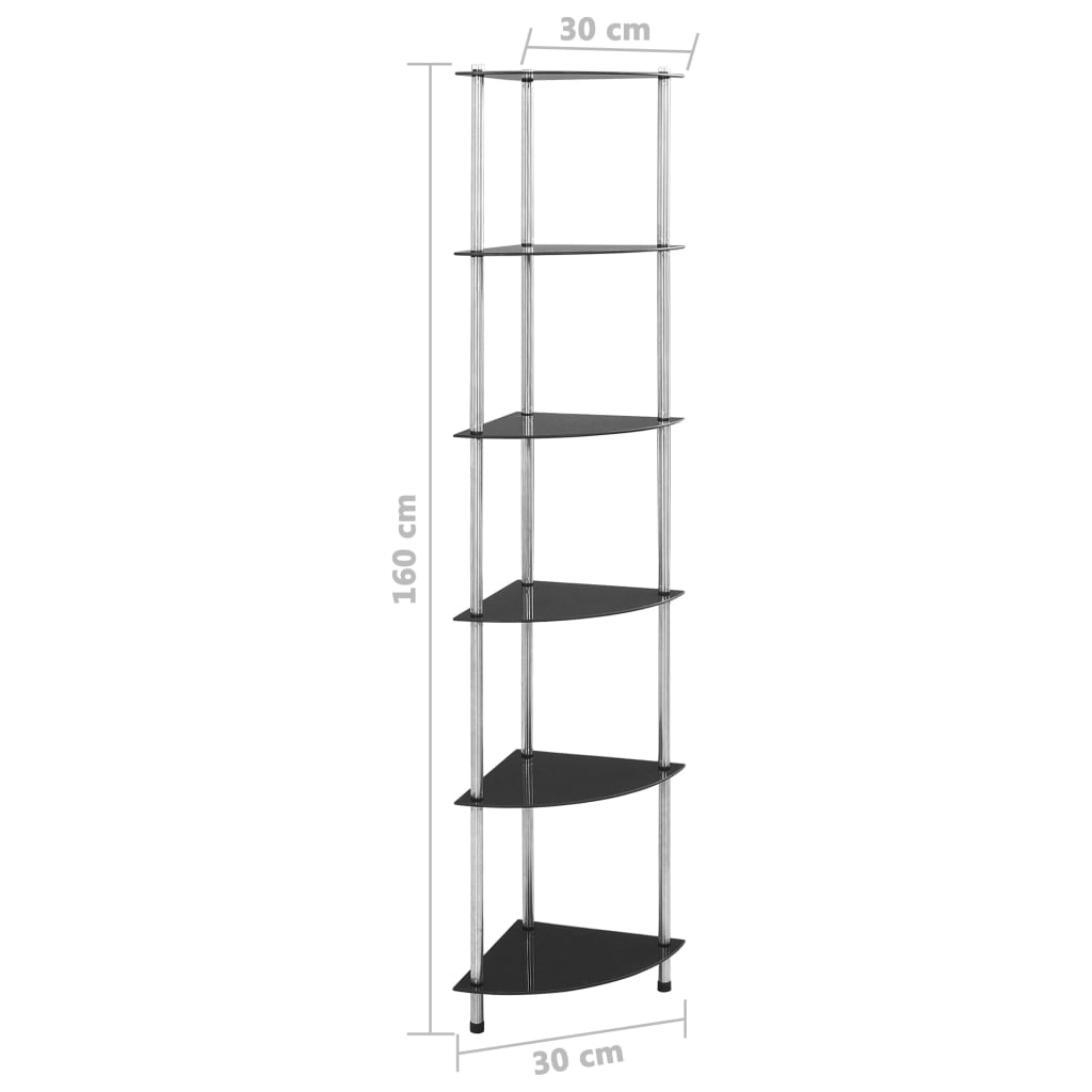 6-tier shelf, black, 30 x 30 x 160 cm, tempered glass