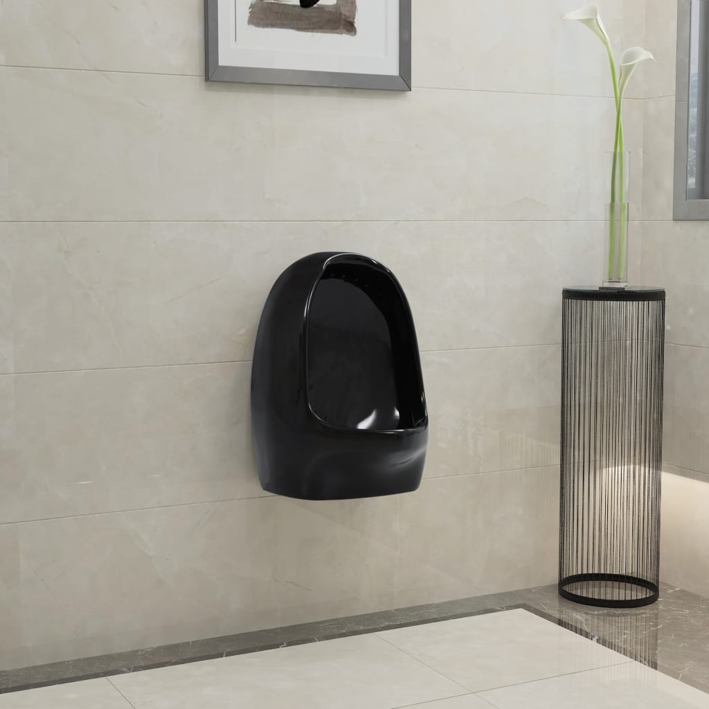 Wall-mounted urinal with flush valve, black, ceramic