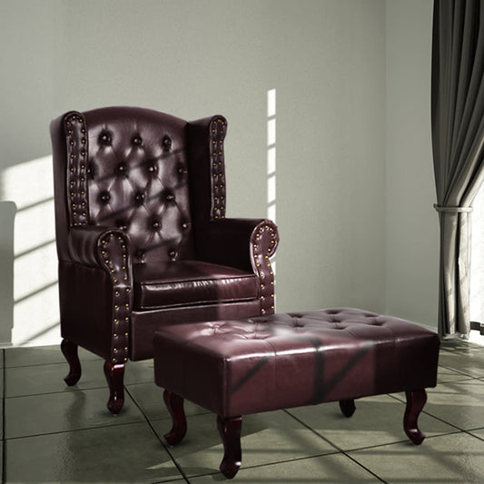 Armchair with ottoman, dark brown, eco-leather